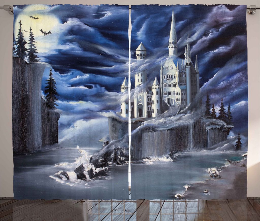 ABAKUHAUS Fantasie Rustikaler Gardine, Insel-Schloss Vollmond, Schlafzimmer Kräuselband Vorhang mit Schlaufen und Haken, 280 x 175 cm, Dunkelblau ...