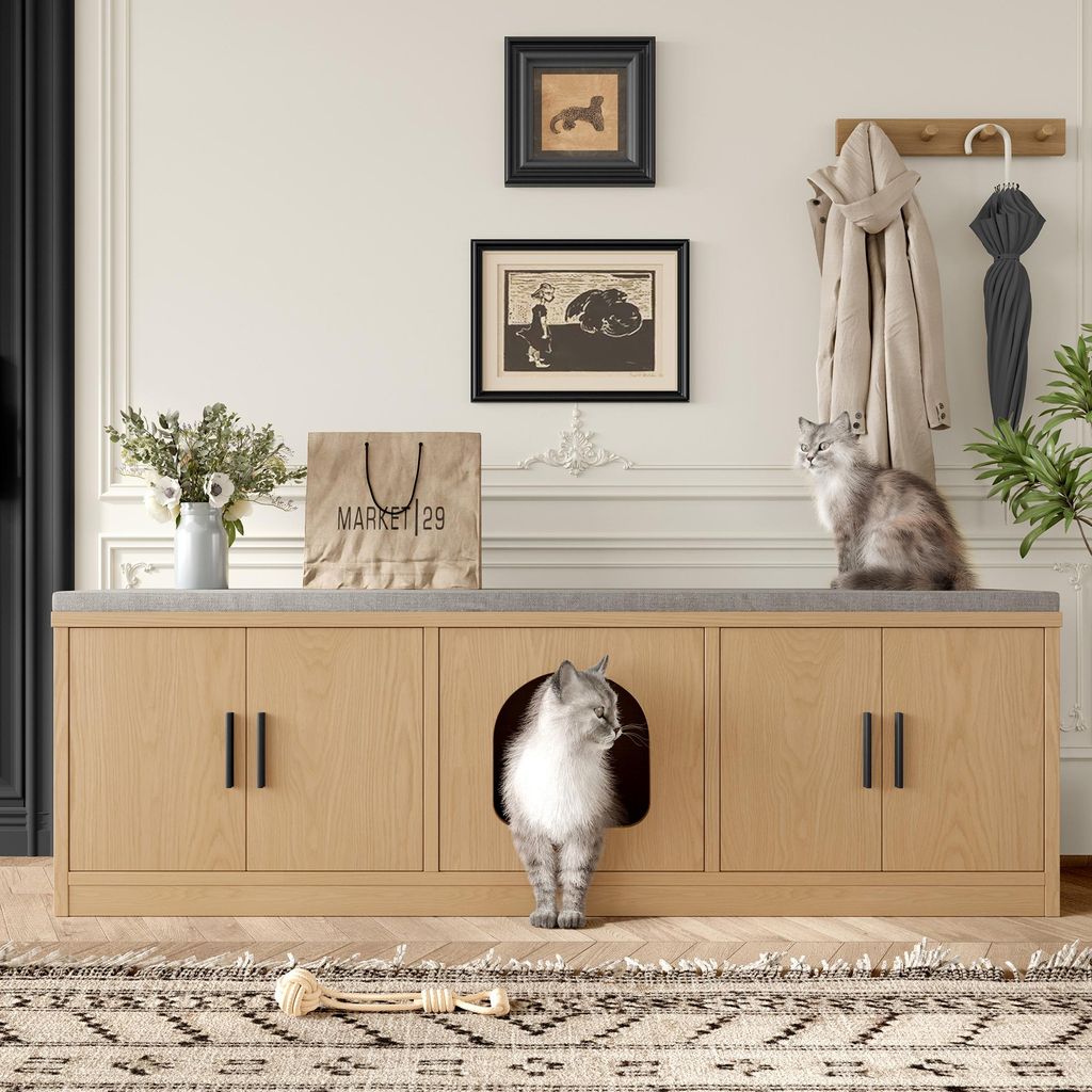Flieks Schrank TV-Schrank mit Katzenklo und Katzenkratzmatte, Wohnzimmerschrank mit Verstellbaren Einlegeböden, Kommode mit Tür, 140x40x45.5cm