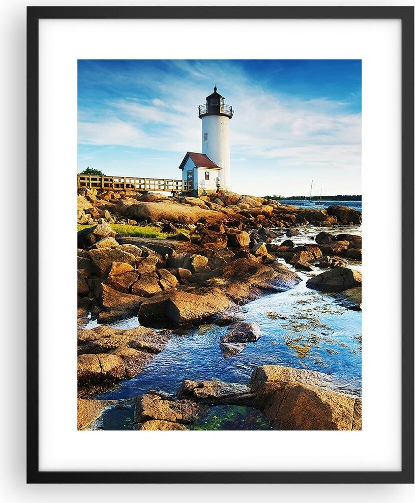 Gerahmtes Poster - Schwarzer Rahmen - Leuchtturm Ufer Wolke Landschaft - 40x50 cm - Wand Bild - Wanddeko - Wandbilder - Wandposter - Bilderrahmen -...