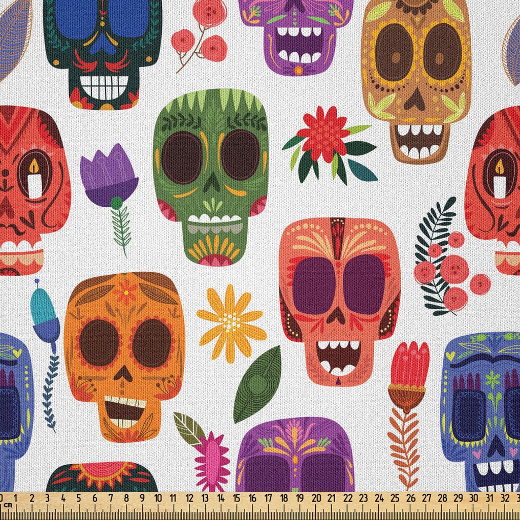 ABAKUHAUS Tag der Toten Microfaser Stoff als Meterware , African Tribal Artwork hölzerne Scary Maske mit Cartoon lustige Details drucken, 3 M (230...