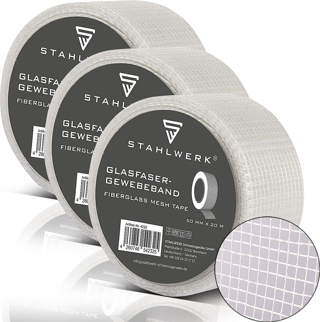 STAHLWERK Glasfaser-Gewebeband 3er Set 20 m x 50 mm, selbstklebend