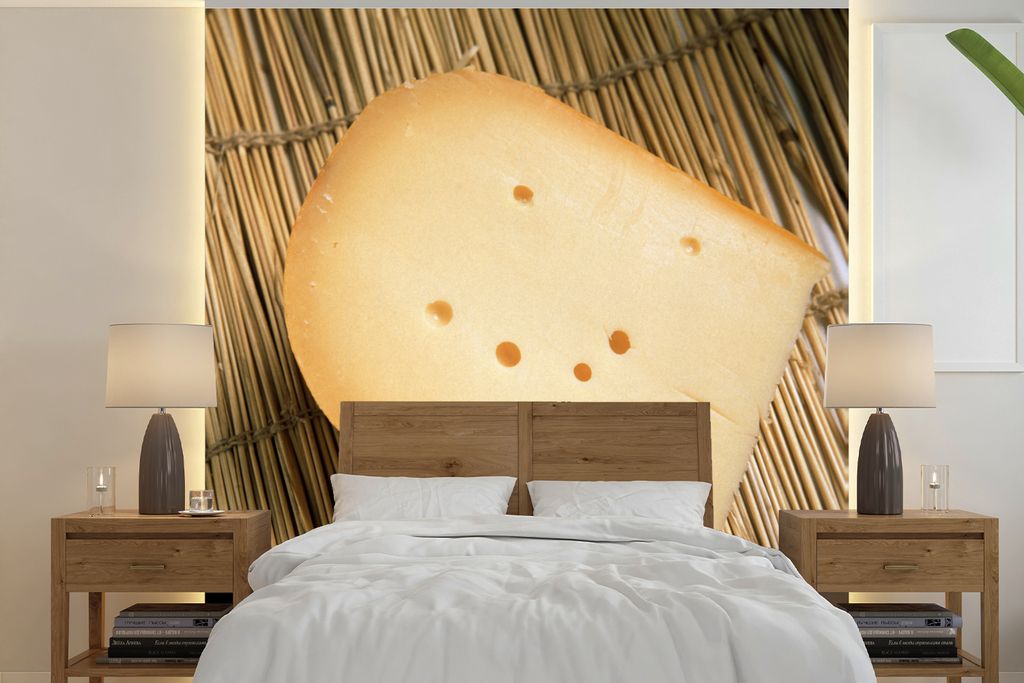 MuchoWow Fototapete für Wohnzimmer oder Schlafzimmer Wandtapete Vinyl Motivtapete Gouda - Käse - Korb - 350x350 cm - Schlafzimmertapete