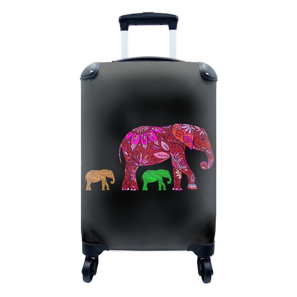 MuchoWow Koffer Handgepäck Trolley Rollkoffer Kleine Reisekoffer mit 4 Rollen - Elefant - Tiere - Muster - Blumen - Cabin Size < 55x40x23 cm & 5...