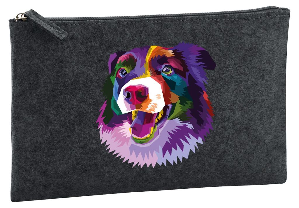 Huuraa Kulturbeutel Border Collie Colorful 1 Liter Charcoal Filz Kosmetiktasche Geschenkidee