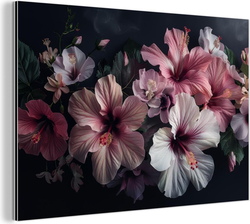MuchoWow Wanddekoration Metall Metallbild Wandkunst 90x60 cm Blumen - Hibiskus - Rosa - Modern MuchoWow Aluminium Gemälde - Wandbilder