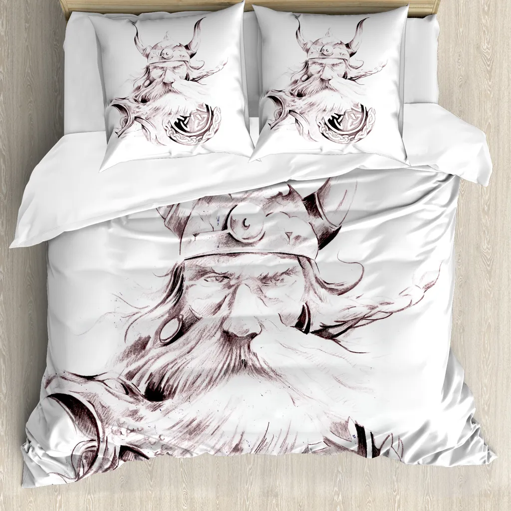 ABAKUHAUS Bozza Set copripiumino per letti matrimoniali, stile guerriero vichingo intelligente, antiacaro, adatto a chi soffre di allergie, con federe, marrone scuro e bianco