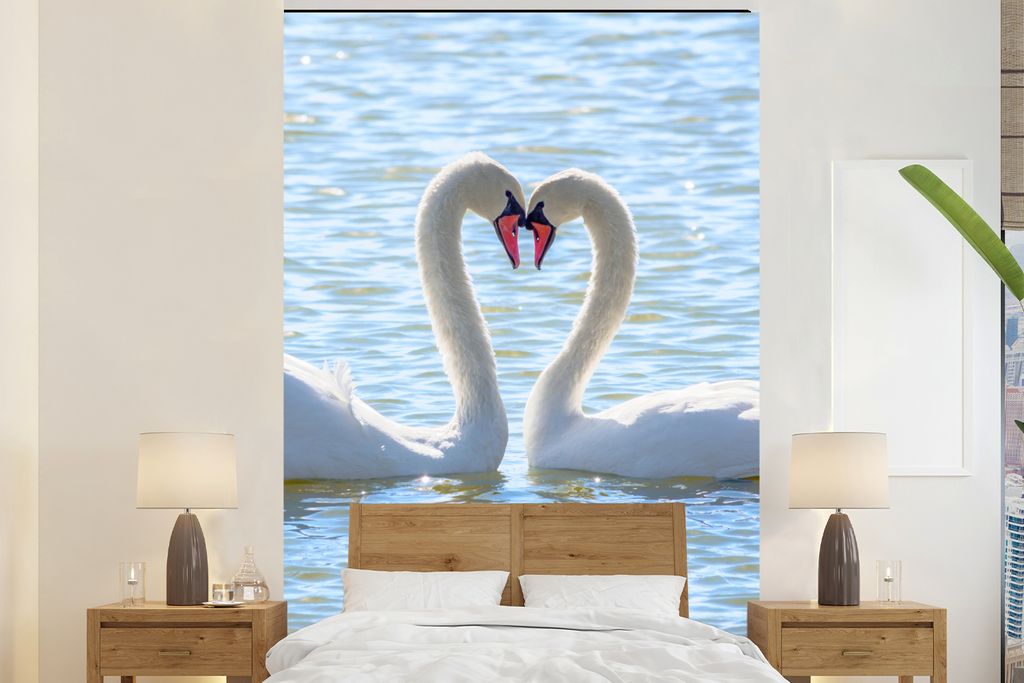 MuchoWow Fototapete für Wohnzimmer oder Schlafzimmer Wandtapete Vinyl Motivtapete Vögel - Schwan - Wasser - Liebe - Sonne - 180x280 cm - Wallpaper