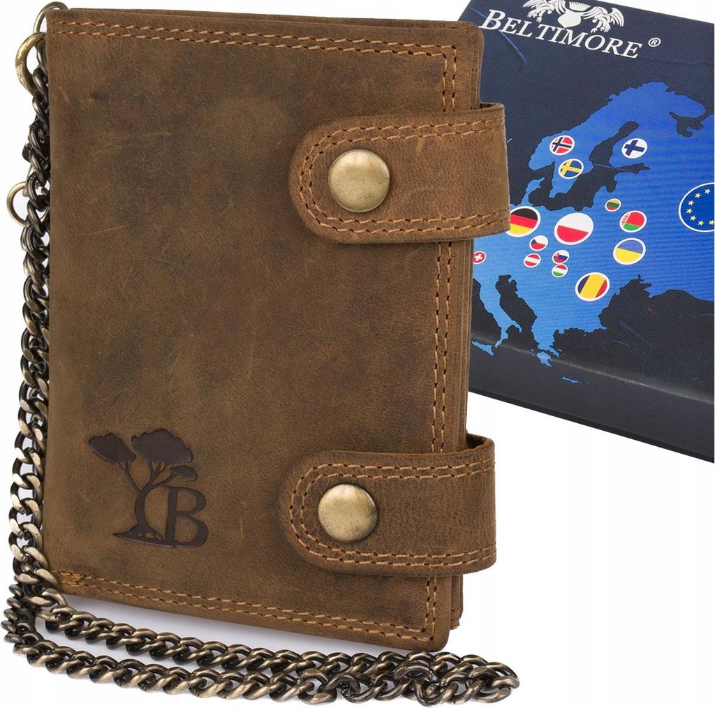 Große Herren-Geldbörse aus Vintage-Leder mit Kette, naturbelassenes Leder, braun, RFID-geschützt