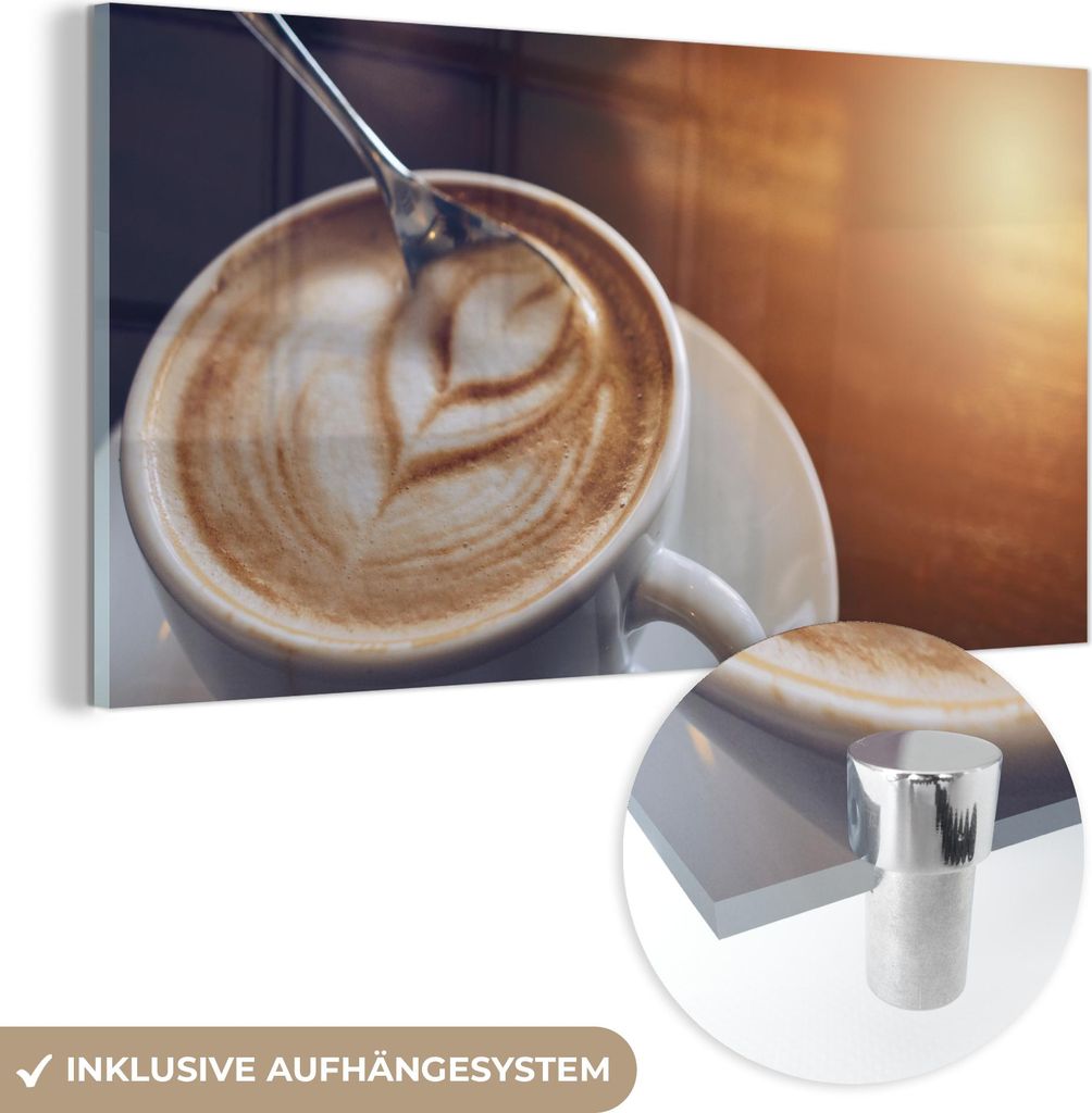MuchoWow Glasbilder - Bilder auf Wandbild - Foto auf Glas Ein Löffel rührt durch den Schaum einer Tasse Kaffee 40x20 cm Wanddekoration aus Glas -...