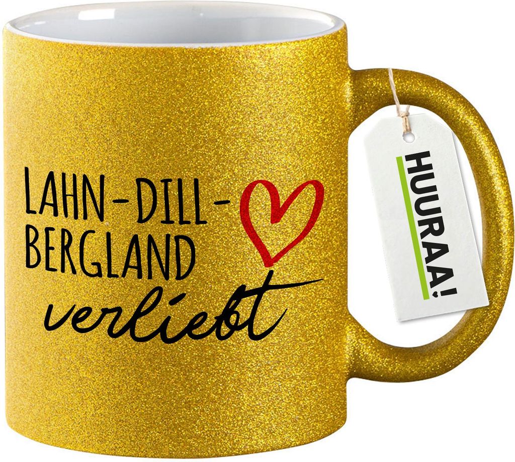 Huuraa Glitzertasse Lahn-Dill-Bergland verliebt 330ml Gold Keramik Kaffeebecher Geschenkidee