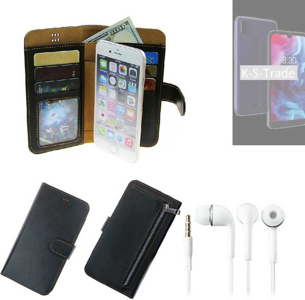 TOP SET Handy Hülle Schutz Hülle kompatibel mit Archos Oxygen 57 schwarz aus Kunstleder + Kopfhörer Smartphone Tasche vollwertige Geldbörse