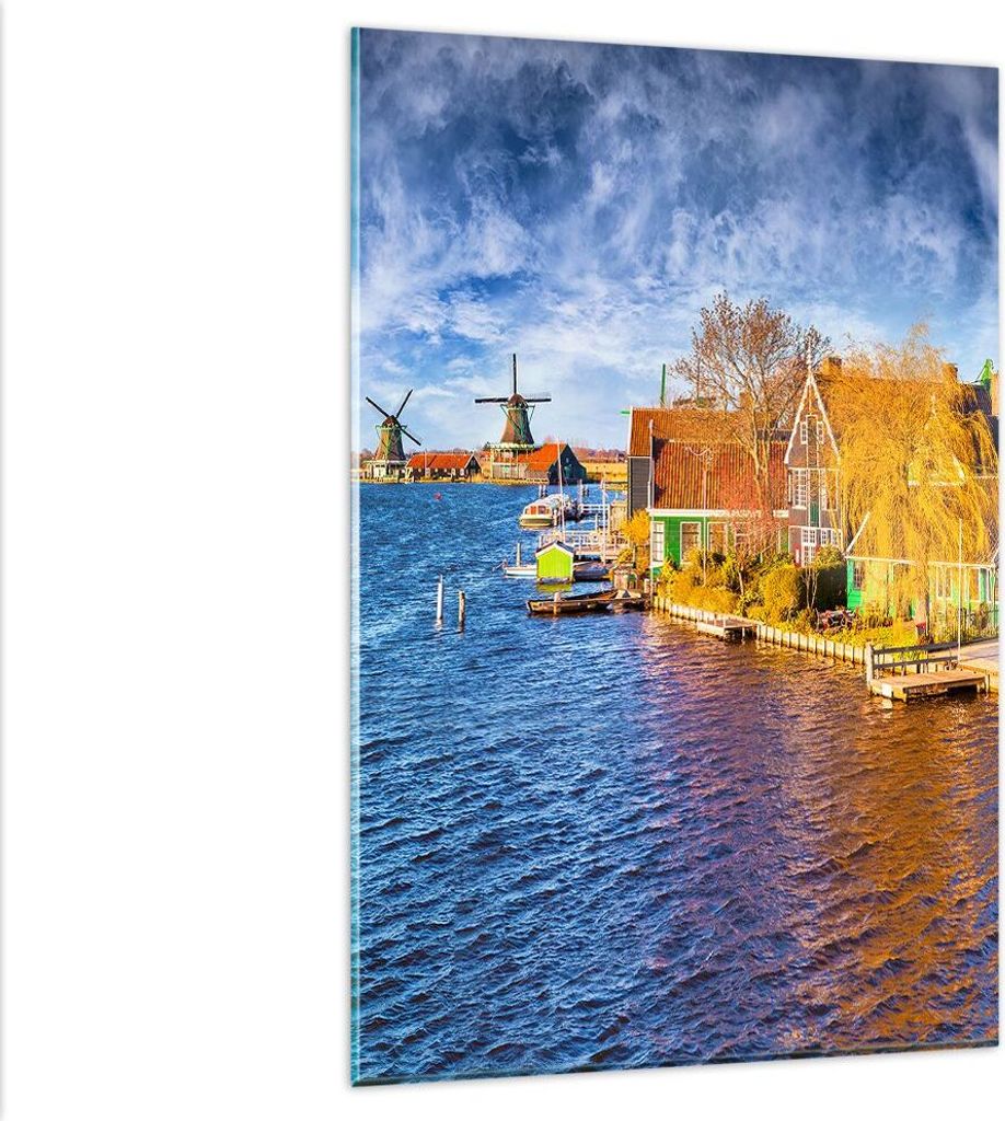 Bilder auf glas - Einteilig - Landschaft Windmühle Wasser Dorf - 80x120cm - Glasbilder - Wandbilder - Bilder - Wanddekoration aus Glas - Glas Bild...