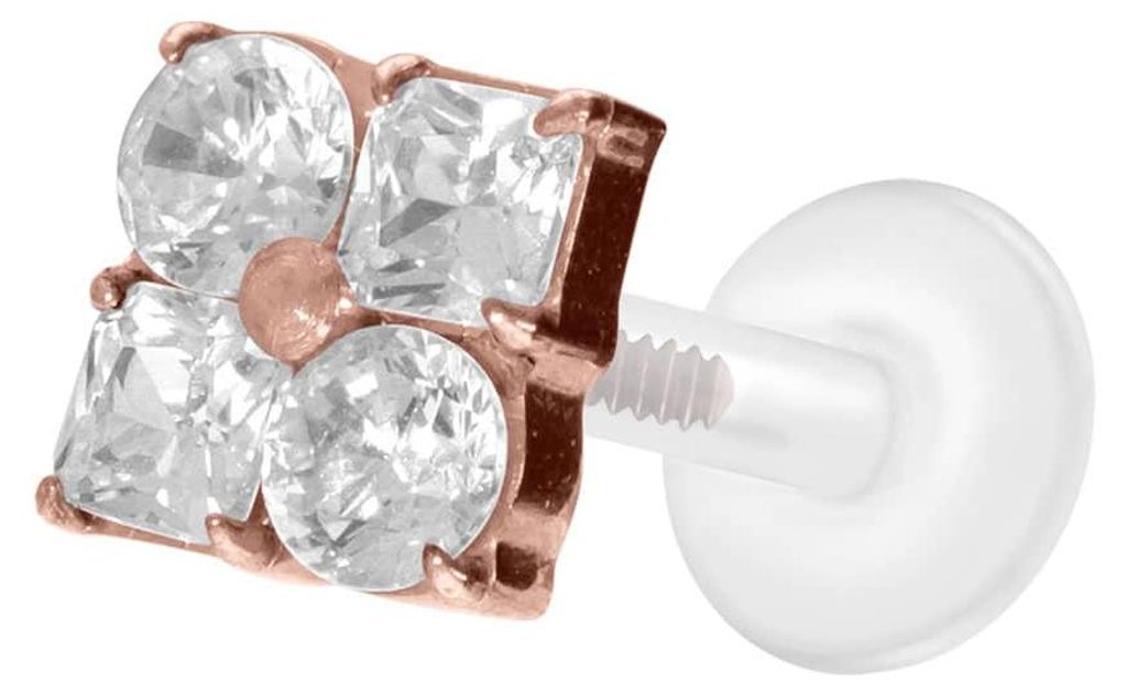 Ohrpiercing, Nasenpiercing PTFE Labret mit Innengewinde + Titan-Aufsatz KRISTALLBLUME RoséGold Stablänge: 6mm | Stabstärke: 1,2mm