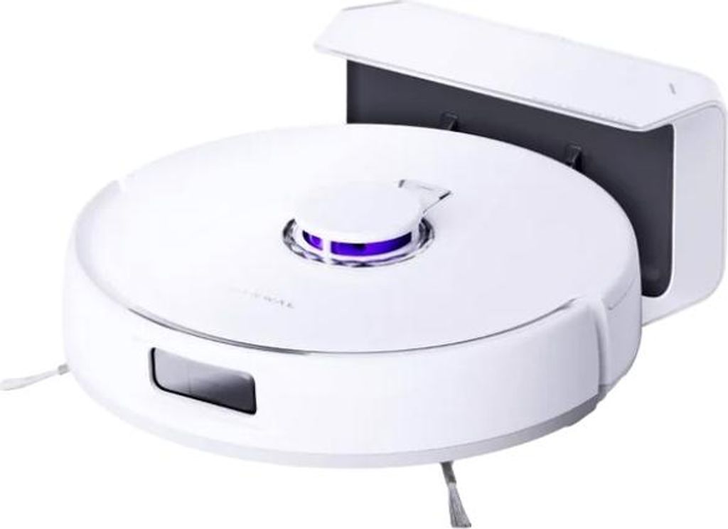 A white robot vacuum cleaner with a charging dock.