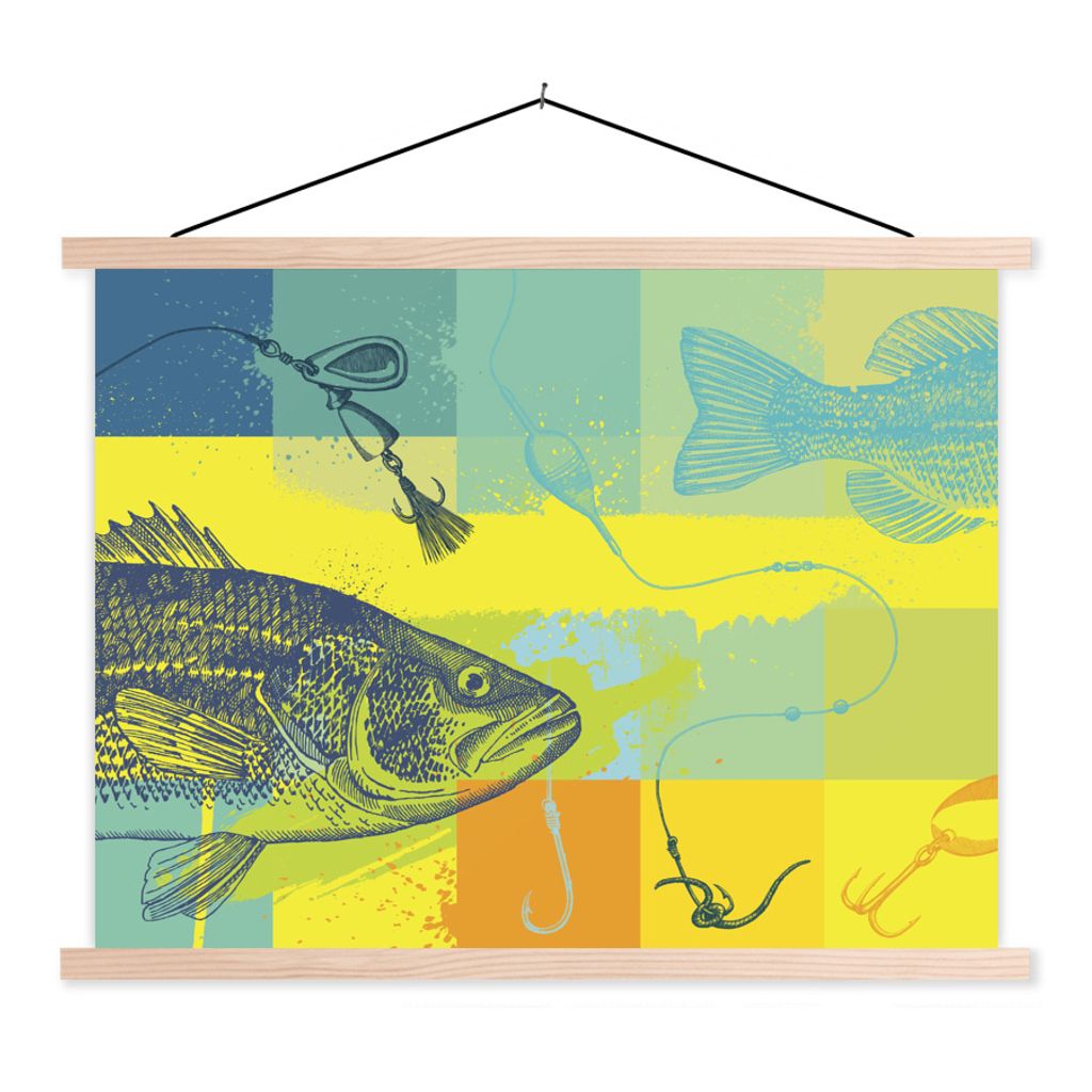 MuchoWow Textilposter Farbige Illustration eines Fisches 40x30 cm mit holzfarbenen Rahmen - Bilder