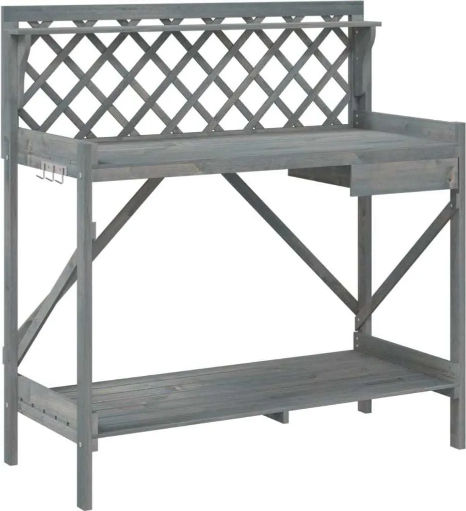Jardinière avec treillis gris et table de jardinage en bois de sapin