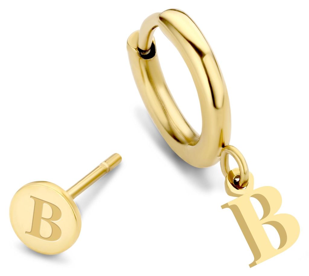 CO88 Collection Alphabet 8CE-70358 Ohrstecker und Ohrring aus Stahl – Buchstabe B – 6 mm und 12 mm – Initialenschmuck – Goldfarben