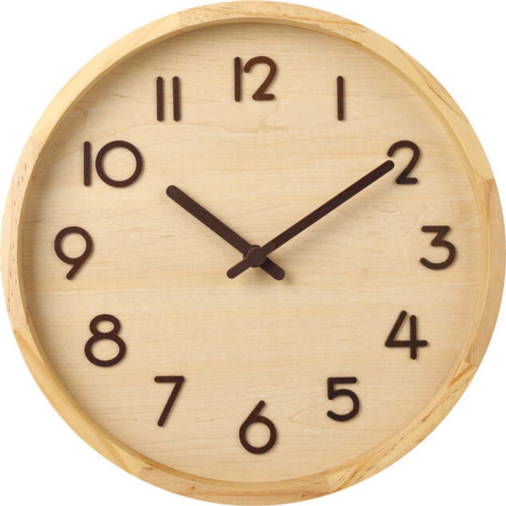A close-up, front-facing view of a round, wooden wall clock with dark brown hour markers and hands.