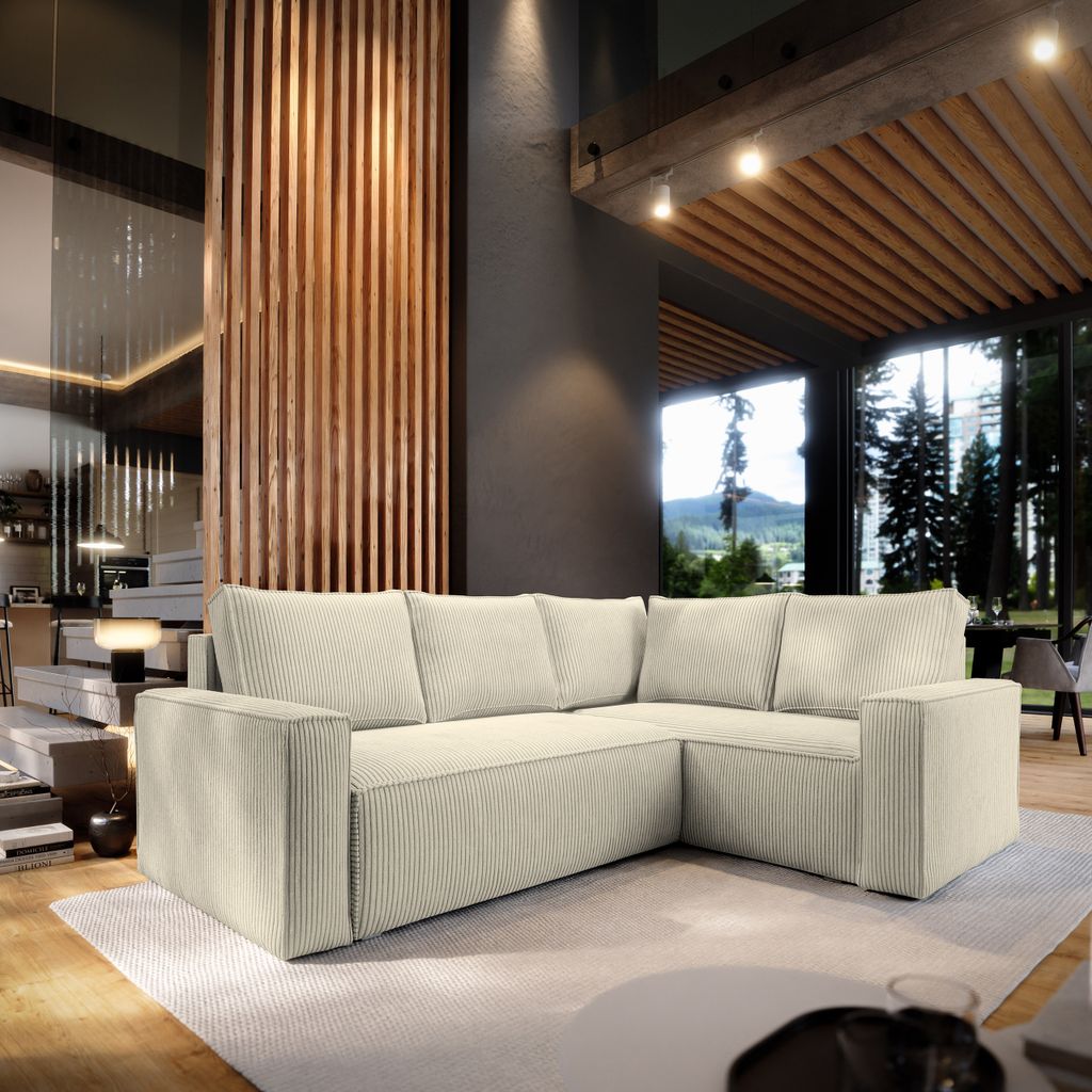 Masseno Ecksofa ESTANO R-S mit Schlaffunktion L-Form, Sofa mit Bettkasten, Wohnzimmersofa, Couch, Soffa, Bettsofa, Couchgarnitur- Creme, POSO 100