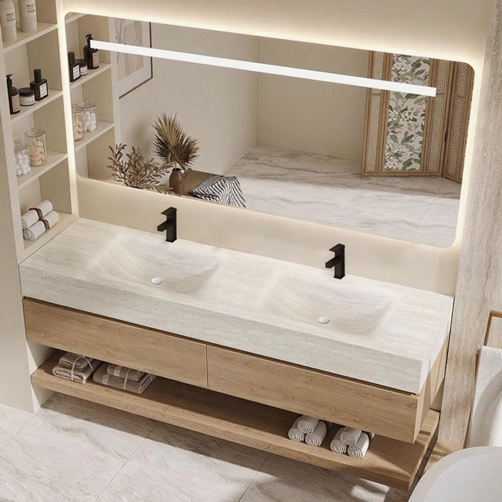 A modern bathroom vanity with a double sink, wooden drawers, and a large LED mirror.