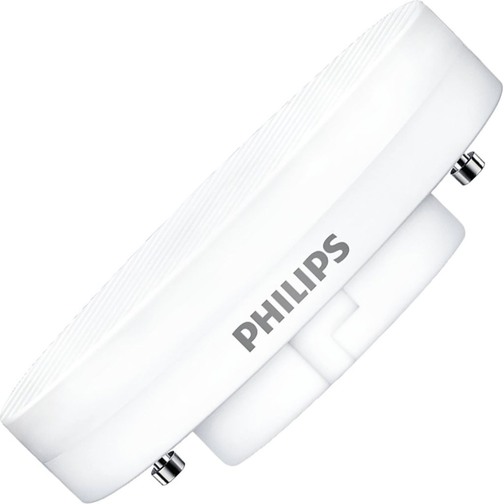 A close-up, angled view of a white Philips LED lamp with its pins visible.