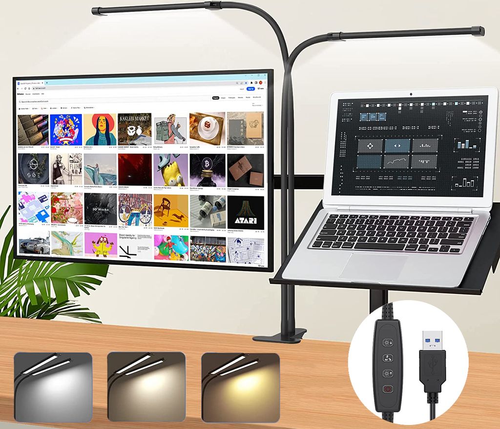 Leselampe Klemme USB Dimmbar,Schreibtischlampe Doppelkopf 3 Lichtfarben, Led Clip Lampe Klemmleuchte Flexibel für Arbeitszimmer Büro Schlafzimmer