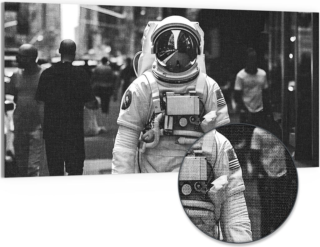 DEQORI Hybrid Leinwand Bild 100x50 cm 'Städtischer Raumfahrer' Wandbild Glas flach modern