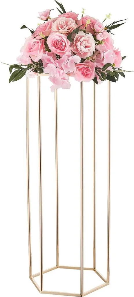 Centre de table mariage colonne dorée 80cm support fleurs hexagonal x10 - 9