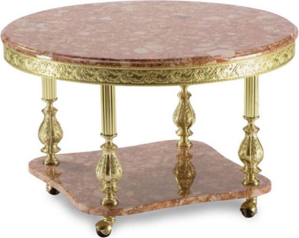 Casa Padrino Luxus Barock Couchtisch Pink / Gold Ø 80 x H. 43 cm - Runder Messing Wohnzimmertisch mit Marmorplatte und Rollen - Barock Wohnzimmer ...