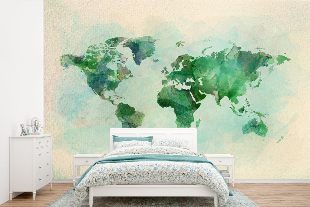 MuchoWow Fototapete für Wohnzimmer oder Schlafzimmer Wandtapete Vinyl Motivtapete Weltkarte - Aquarell - Grün - 525x350 cm - Das Hintergrundbild