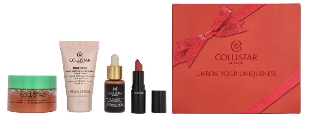 Collistar Icons Set Firming Scrub 150g/ Anti-Wrinkle Cream 15ml/Self-Tanning Drops 10ml/Lipstick #102 Rosa Antico 1,2ml 176,2 ml