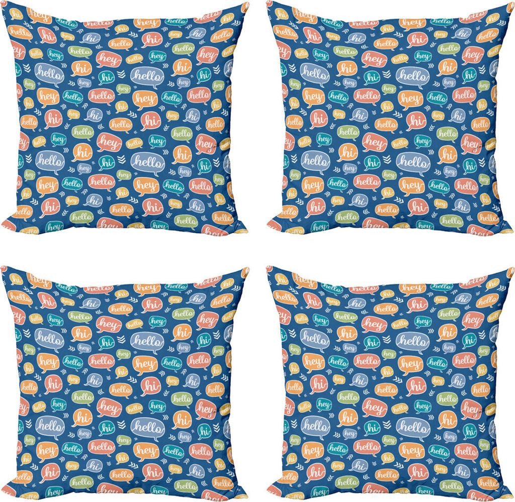 ABAKUHAUS Hallo Kissenbezug Set (4 Stück), Hallo Hey Bunte Sprechblase, Moderner Doppelseitiger Digitaldruck, 50 cm x 50 cm, Sea Blue und Multicolor