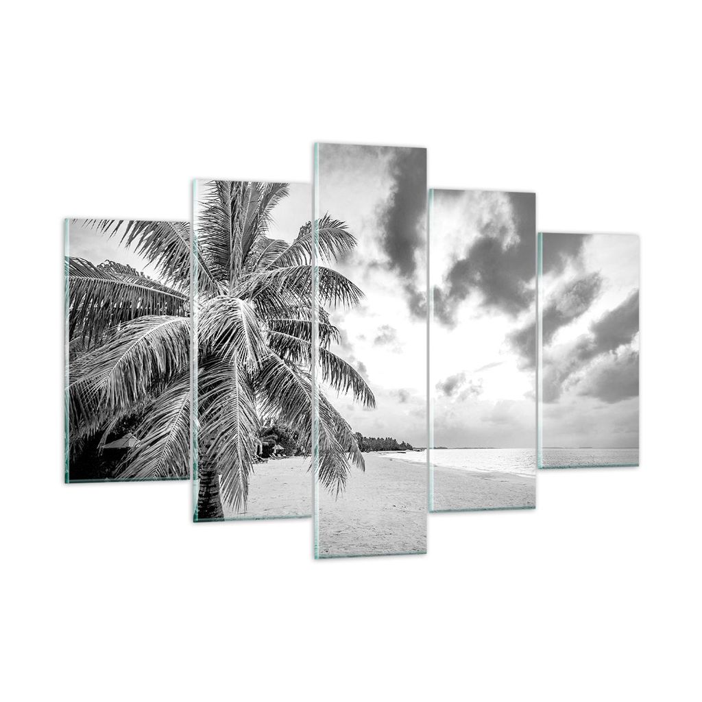 Bilder auf glas - 5 Teile - Monochrom Strand Wolken - 150x100cm - Glasbilder - Wandbilder - Bilder - zum Aufhängen bereit - Wanddekoration aus Gla...