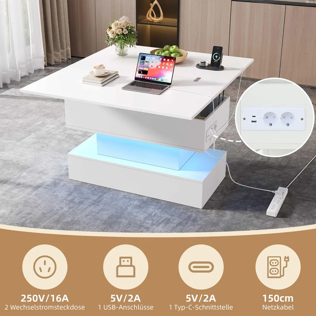 Table d'Appoint Relevable Idéale pour Télétravail avec Prises et LED - 6