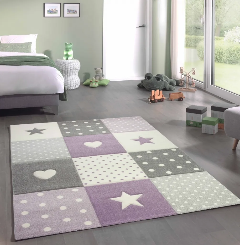 Grand tapis enfant motif étoiles cœurs violet crème - Taille XL 2x3m