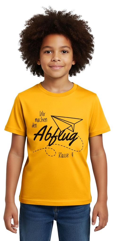 Spreadshirt Klasse 4 Abschied Abflug Grundschule Kinder T-Shirt, 98/104 (3-4 Jahre), Gold