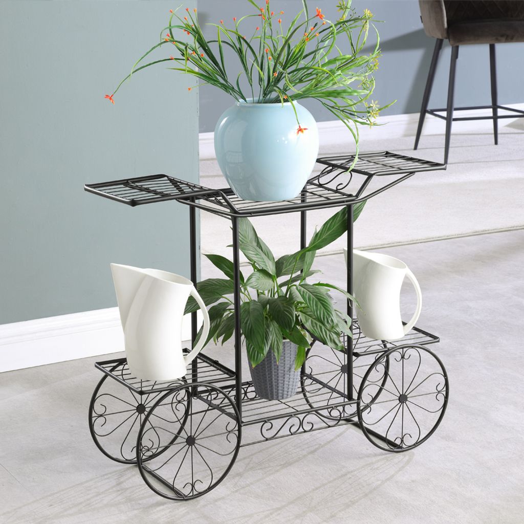 Blumentreppe 2 Ebenen, Aus Metall, Blumenständer für innen und außen, HBT: ca. 67x 79 x 25 cm (Schwarz)