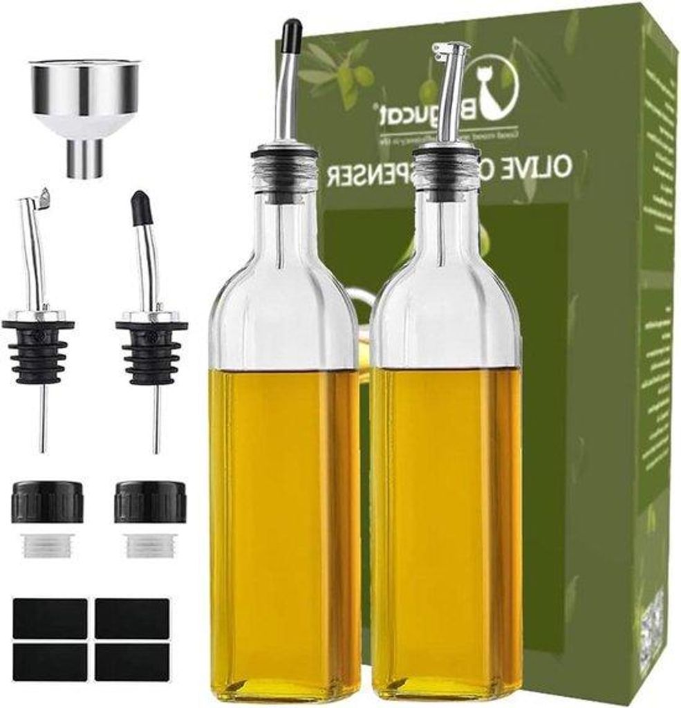 Zwei 500ml-glas-Ölfässchen mit Ausguss und Schenkbecher - antifettige Schließe - leckfrei und tröpfchenfrei - für Kochen und Salat - Olivenöl...