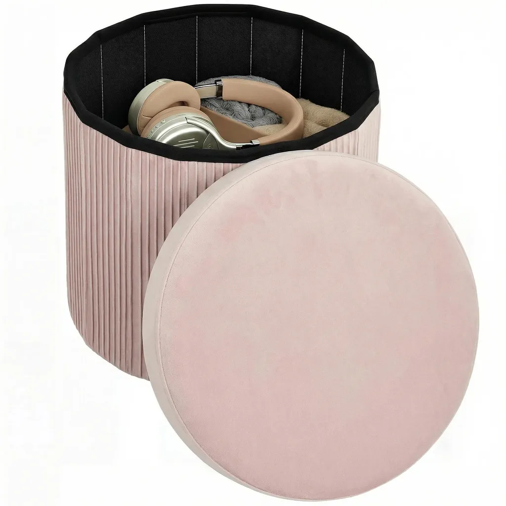 Ottomane de rangement rose en velours avec assise rembourrée 35L