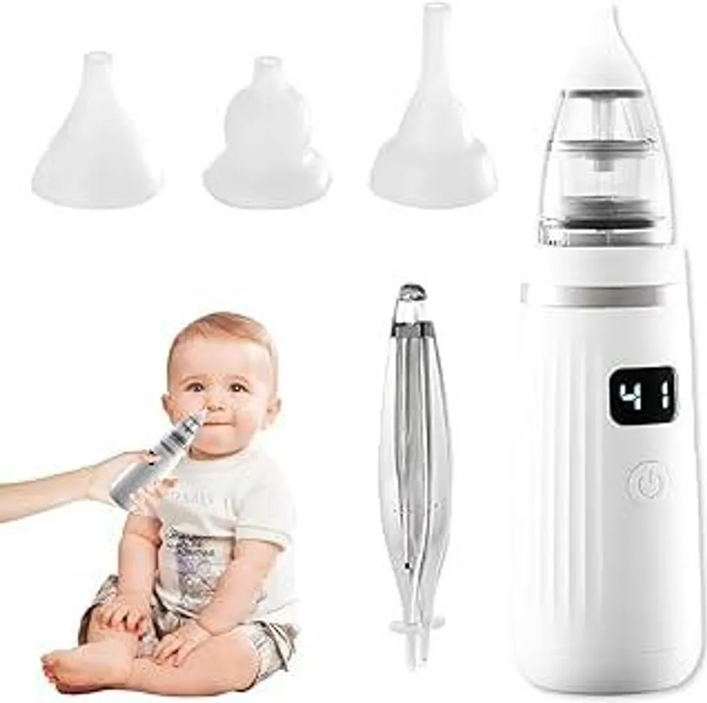 Aspiratore nasale elettrico per neonati, aspiratore nasale 2 IN 1 per neonati, aspiratore nasale elettrico per neonati, aspiratore nasale per neonati con 5 livelli di aspirazione, aspiratore nasale per neonati con 3 beccucci in silicone e display LED - 1