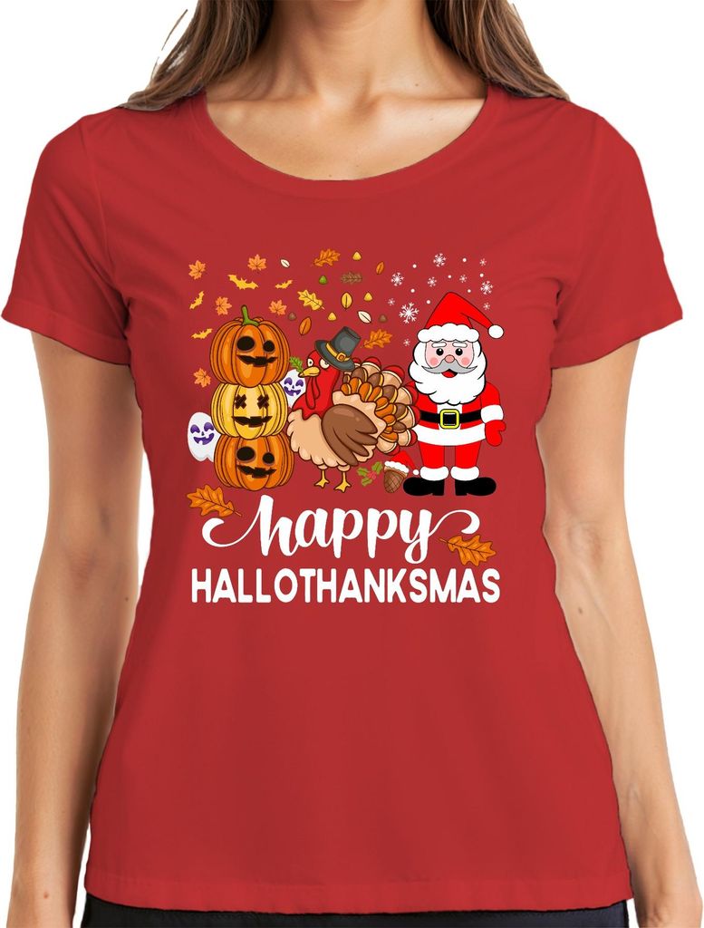 Happy Hallothanksmas Halloween Thanksgiving Turkey Santa Damen T-Shirt, Rot, XXL