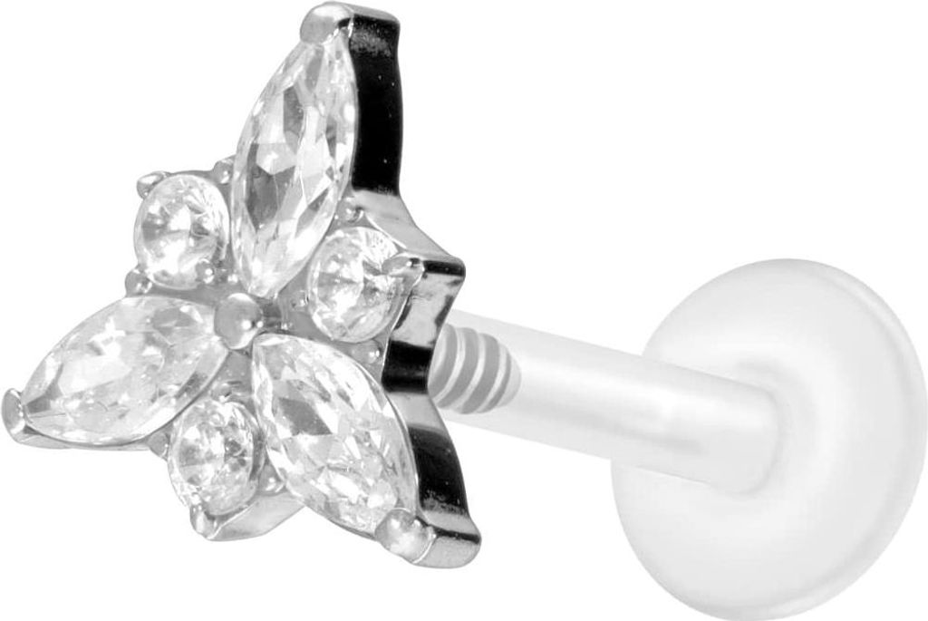 Ohrpiercing, Nasenpiercing PTFE Labret mit Innengewinde + Titan-Aufsatz KRISTALLBLÜTE Silber Stablänge: 9mm | Stabstärke: 1,2mm