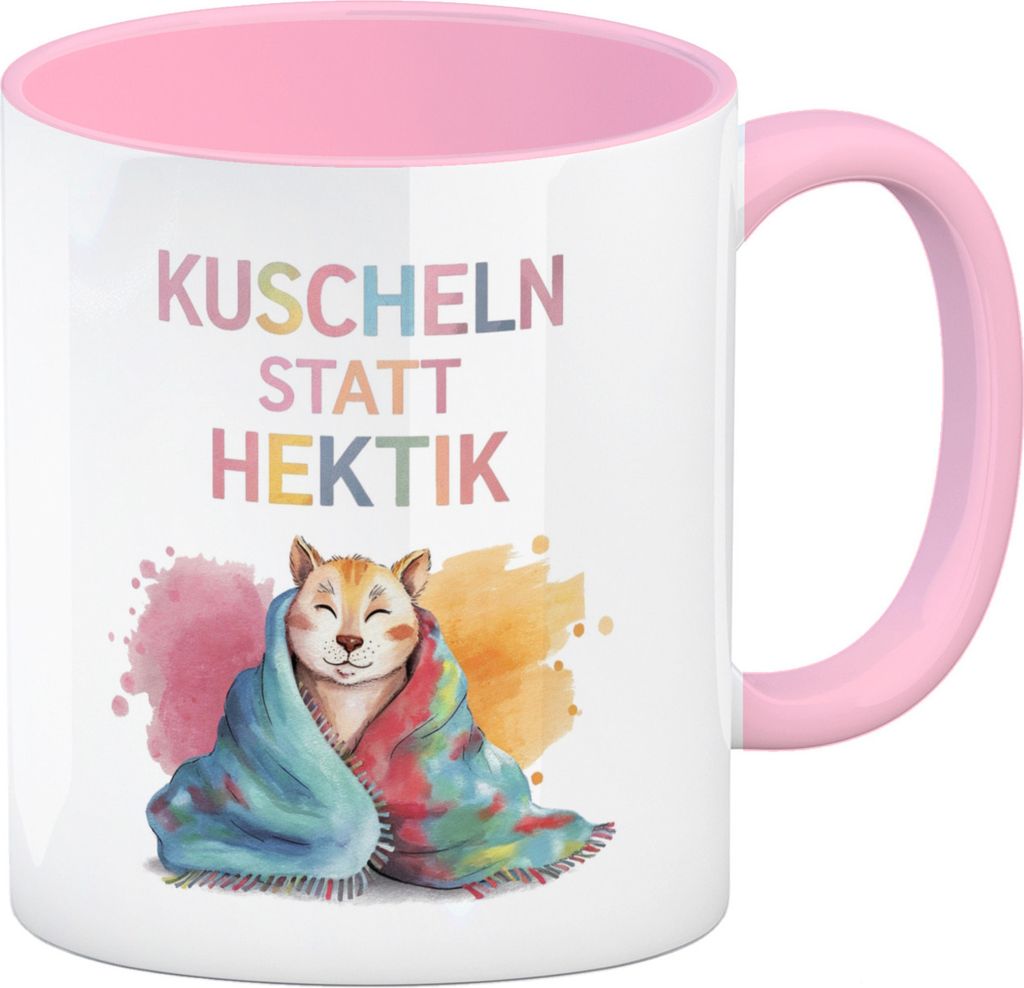 Kuscheln statt Hektik Kaffeebecher in rosa mit Puma in Decke