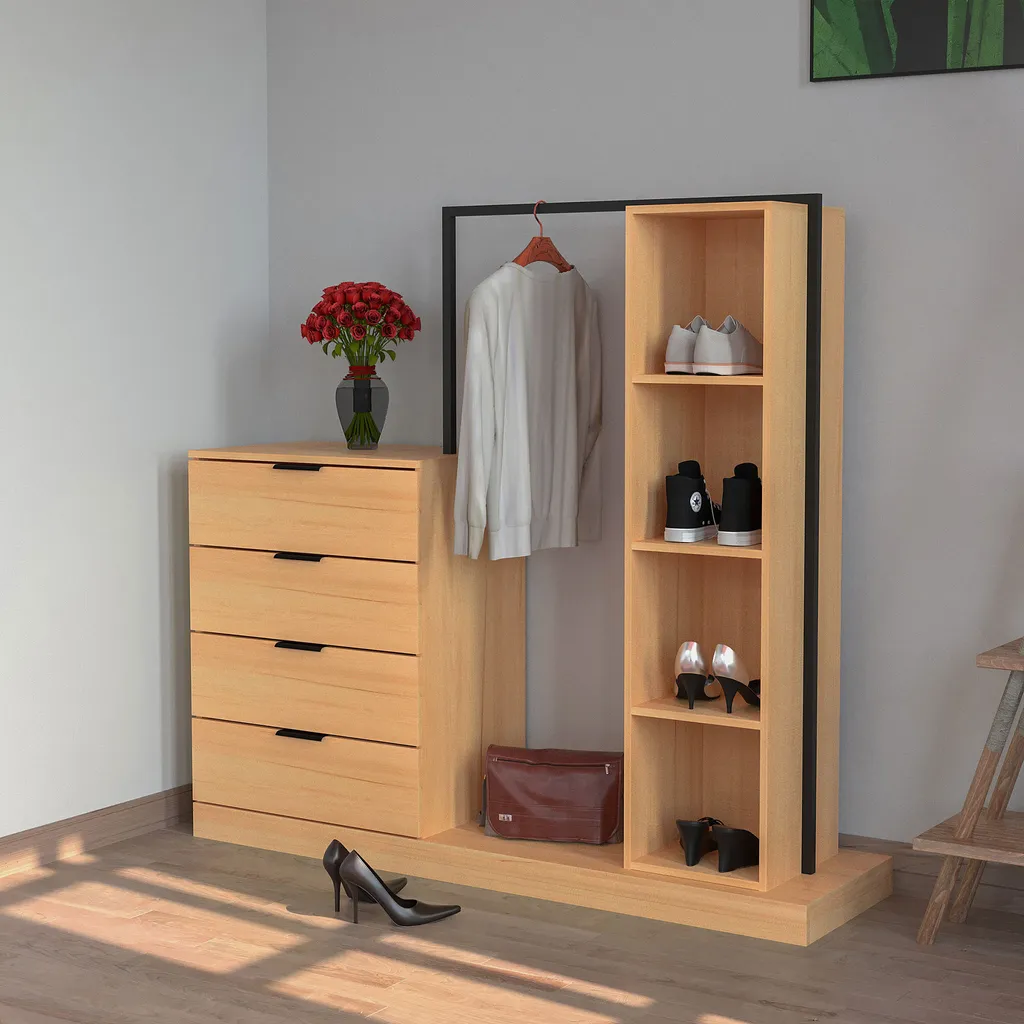 Commode WAOHO 4 tiroirs 4 étagères - Armoire entrée avec tringle métal - 3
