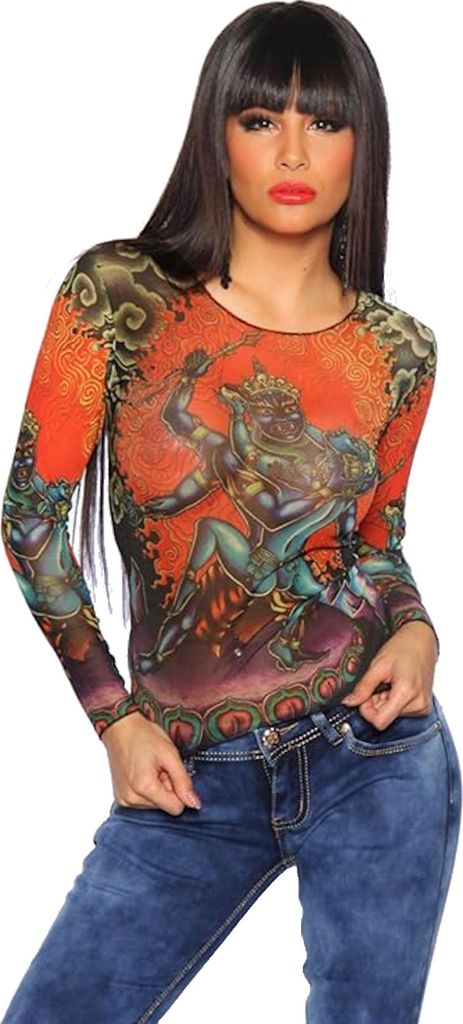 Elastisches Netz-Shirt 13351 Langarmshirt mit Allover Print und Rundhalsausschnitt, rot, Gr. XS/S