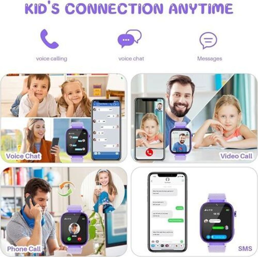 Kinder Smartwatch 4G Mit GPS – Telefon, Videoanrufe, SOS, Schulmodus, 1,75 Zoll (Rosa)