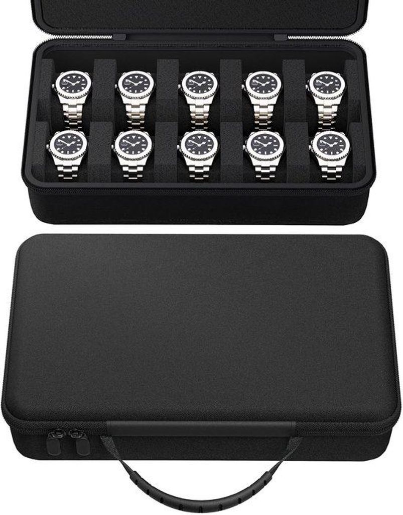 Horlogebox mit 10 Fächern und Uhrkissen, EVA-harter Koffer, für Uhren bis 55 mm, tragbarer Uhrhalter, Organizer für Männer (schwarz)