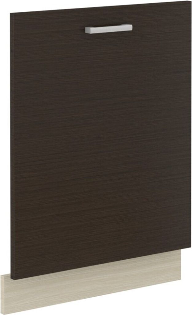 A front view of a dishwasher door with a handle.