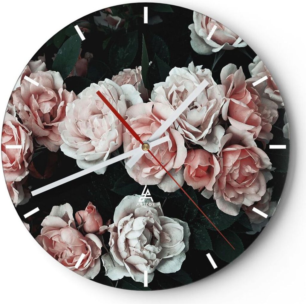 Wanduhr - Rund - Glasuhr - Rosen Blumen Blätter - 30x30cm - Schleichendes Uhrwerk - Lautlos - zum Aufhängen bereit - Dekoration Modern - Wanddeko...