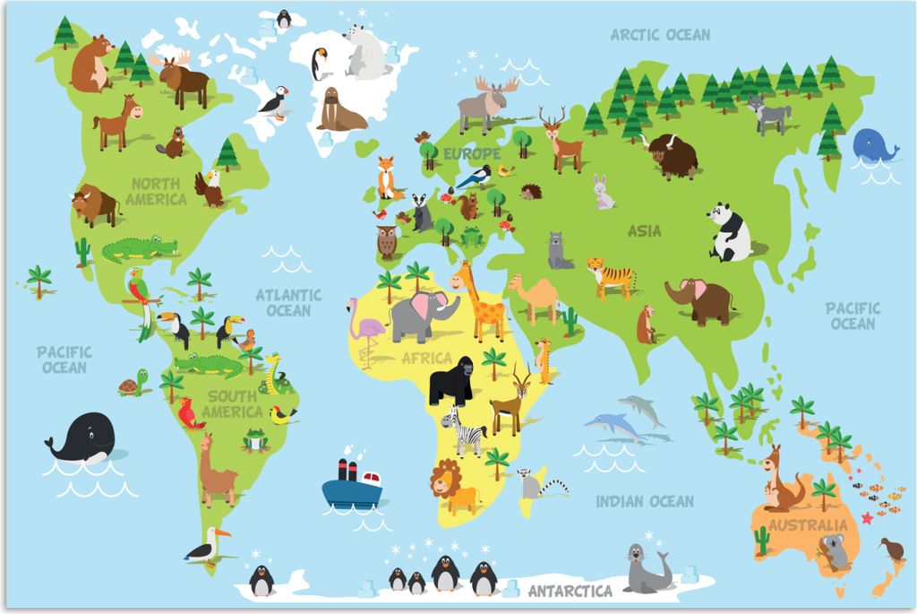 MuchoWow Poster Weltkarte - Kinder - Tiere - Blau - Grün 90x60 cm - Schlafzimmer